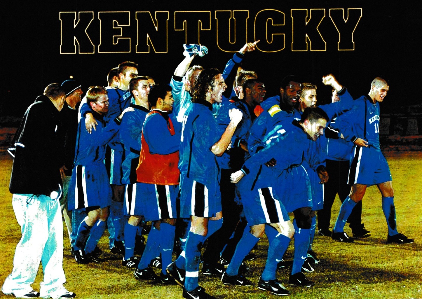 The University of Kentucky men’s soccer team celebrates an NCAA Tournament game victory.